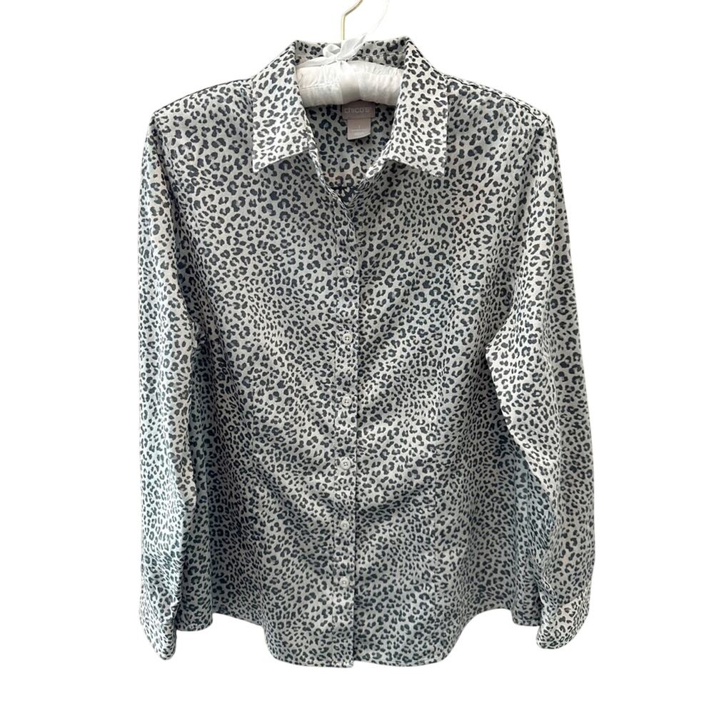CHICO’S | Gray Leopard Print Button Down Shirt Long Sleeve Top | Size 1 Medium